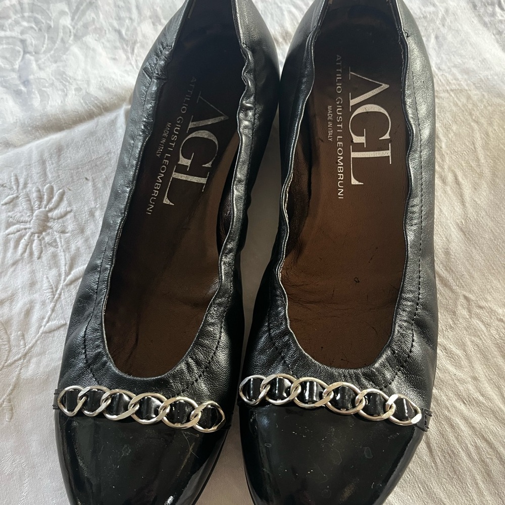 AGL Black Leather Loafers with Silver Chain
